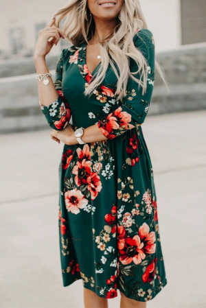 Green Floral 3/4 Sleeve Wrap Dress 53cbf