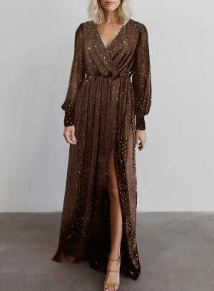 Brown Side Split Rhinestone V Neck Maxi Dress 85e72