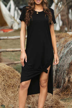 Black Casual Short Sleeve T-shirt Midi Dress with High Splits 4e153