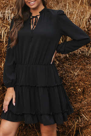 Black V Neck Long Sleeve Ruffle Tiered Mini Dress fd4d6