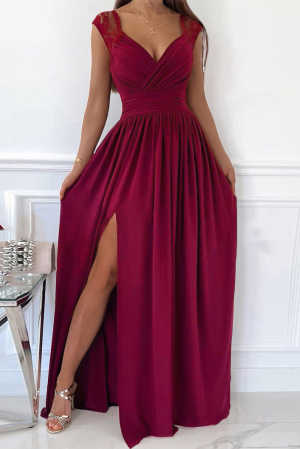 Wine Red V Neck Zip Backless Lace Splicing Side Split Maxi Dress 39fab