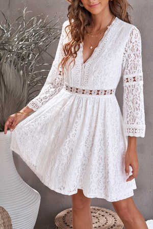 White Lace V Neck See-through Sleeve Mini Dress 60a51