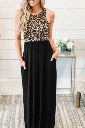 Sleeveless Leopard Bodice Maxi Dress with Pockets f4c08