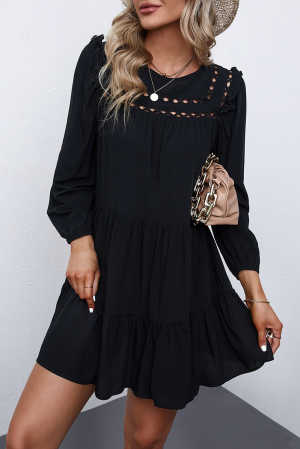 Black Crewneck Lantern Sleeve Hollow-Out Tiered Dress with Pocket 82124