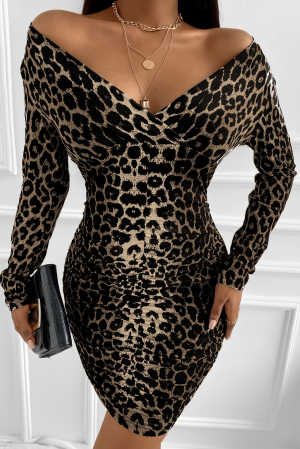 Leopard Off Shoulder Long Sleeve Bodycon Mini Dress 261f4