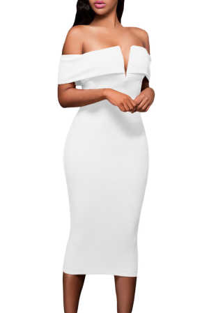 White Off-the-shoulder Midi Dress 11067