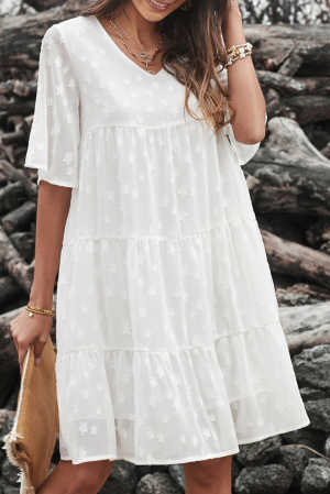 White V Neck Tiered Babydoll Lace Dress f0095