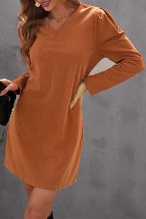 Brown Long Puff Sleeve Ribbed Mini Dress f877a