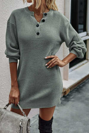 Gray Buttoned Notched Neck Drop Shoulder Waffle Knit Sweater Dress fbef1