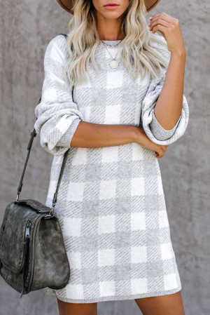 Gray Gingham Balloon Sleeve Sweater Dress 1938d