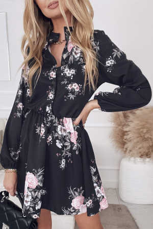 Black Floral Print Elastic Waist Button Mini Dress 00809