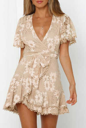 Apricot Flutter Sleeve Wrap V Neck Floral Lace Short Dress c29e4