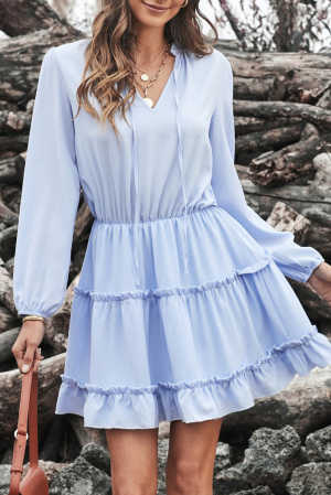 Light Blue V Neck Long Sleeve Ruffle Tiered Mini Dress a1137