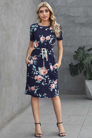 Blue Short Sleeve Pocketed Drawstring Casual Floral Dress 178f2