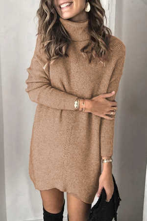 Brown Turtleneck Long Sleeve Knitted Sweater Dress f92fc