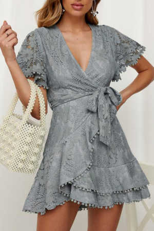 Gray Flutter Sleeve Wrap V Neck Floral Lace Short Dress 7abee