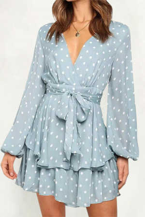 Sky Blue V Neck Baggy Sleeve Waist Tie Double Layer Ruffle Hem Dotted Print Short Dress 7628e