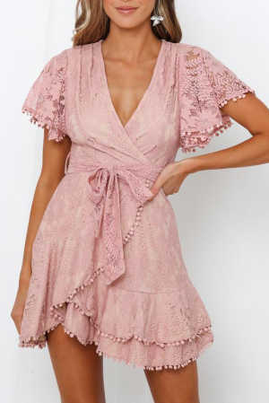 Pink Flutter Sleeve Wrap V Neck Floral Lace Short Dress e3390