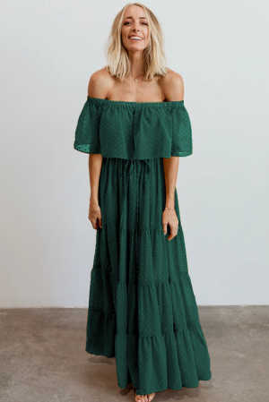 Green Off Shoulder Ruffle Swiss Dot Maxi Dress bbd00