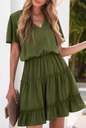 Green V Neck Ruffled Swing Mini Dress 91a15