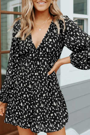 Black Polka Dot Print V Neck Mini Dress b8f2c