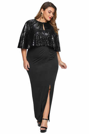 Black Sequin Cape Plus Size Maxi Dress 9775b