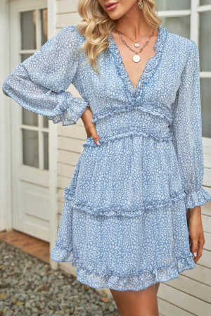 Sky Blue Ruffle Detailing Open Back Floral Dress 142d9