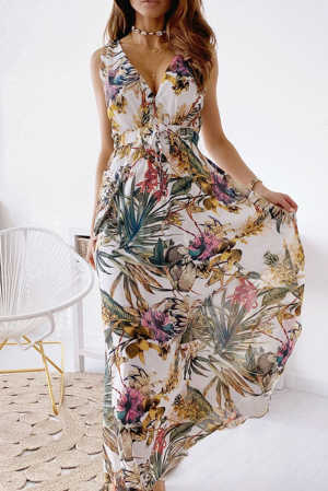 White Floral Printed V Neck Open Back Sleeveless Maxi Dress 42eae