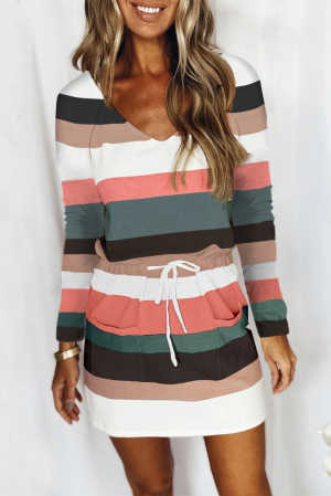 Stripe Print Colorblock Tie Waist Dress with Pocket 8e186