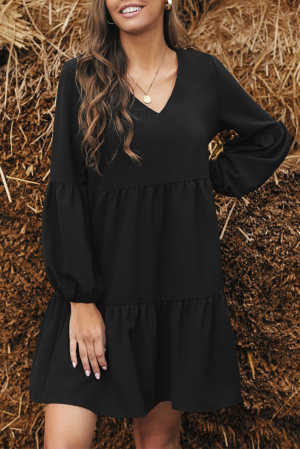 Black Ruffle V-Neck Flowy Loose Tunic Dress 41326