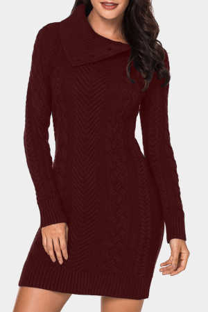 Asymmetric Buttoned Collar Burgundy Bodycon Sweater Dress c248f