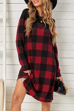 Buffalo Plaid Splicing Long Sleeve Mini Dress 3bea8