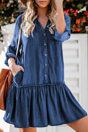 Pocketed Ruffled Denim Shirt Mini Dress 1665c