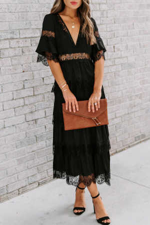 Black Swiss Dot Print See-through Lace Patch Layered Long Dress 6940b