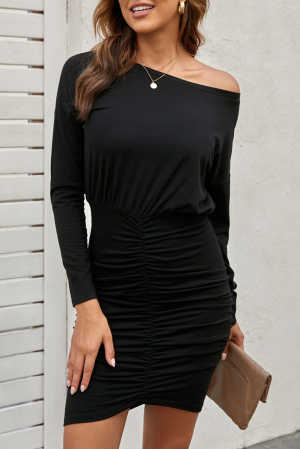 Black Crewneck Long Sleeve Shirred Split Bodycon Dress e24a8