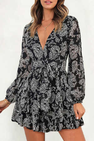 Black V Neck Baggy Sleeve Waist Tie Double Layer Ruffle Hem Floral Print Short Dress 16495