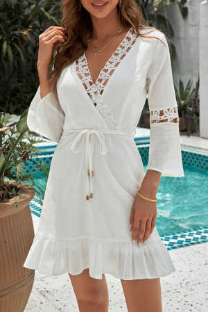 White Surplice V Neck Lace Trim A-line Ruffle Dress with Belt e15c5