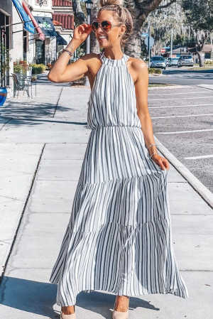 Halter Neck Sleeveless Cutout Tiered Striped Maxi Dress 6d5e4