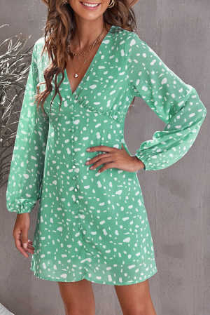 Green Polka Dot Print V Neck Mini Dress f003b