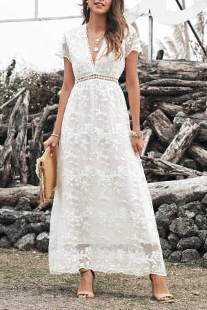 White V Neck Lace Maxi Dress 30bff