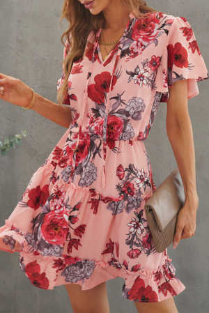 Pink Floral Print Split Neck Flutter Sleeve Flowy Tunic Mini Dress ee555