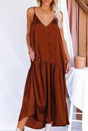 Brown Spaghetti Strap Ruffled Satin Maxi Dress 292da