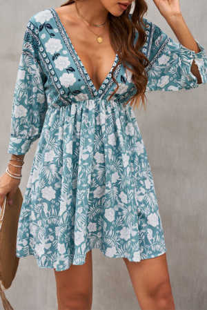 Green V Neck 3/4 Sleeve Bohemian Vintage Print Mini Dress 939a2