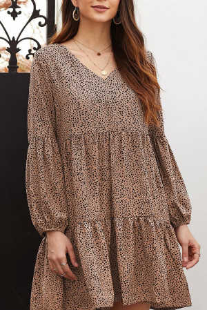 Brown Leopard Ruffle V-Neck Flowy Loose Tunic Dress d96fa