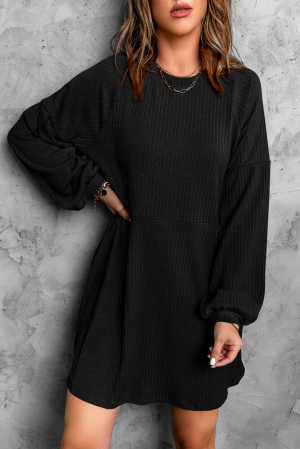 Black Round Neck Empire Waist Ribbed Knit Dress 037e1