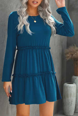 Blue Long Sleeve Ruffled Solid Swing Mini Dress 30616