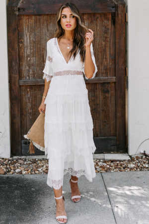 White Swiss Dot Print See-through Lace Patch Layered Long Dress d54a3