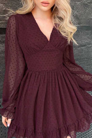 Wine Red V Neck Lantern Sleeve Swiss Dot Mini Dress e006e