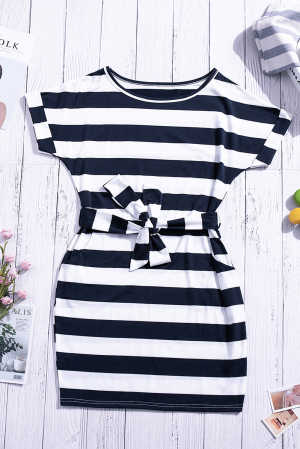 Navy Stripes Pocketed T-shirt Dress with Belt 7ed68