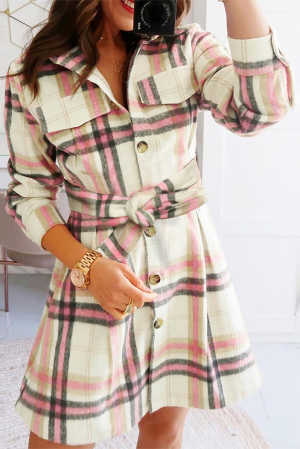 Pink Plaid Button Pocket Shirt Mini Dress dad4b